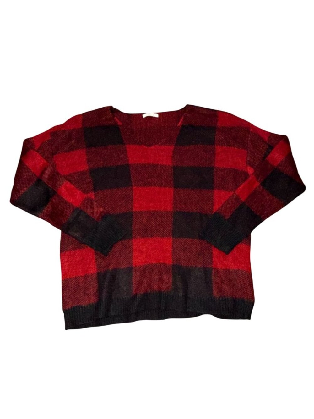 Maurices Plaid V-Neck Pullover Sweater Red Black Check Knit Cozy Holiday-L-GUC